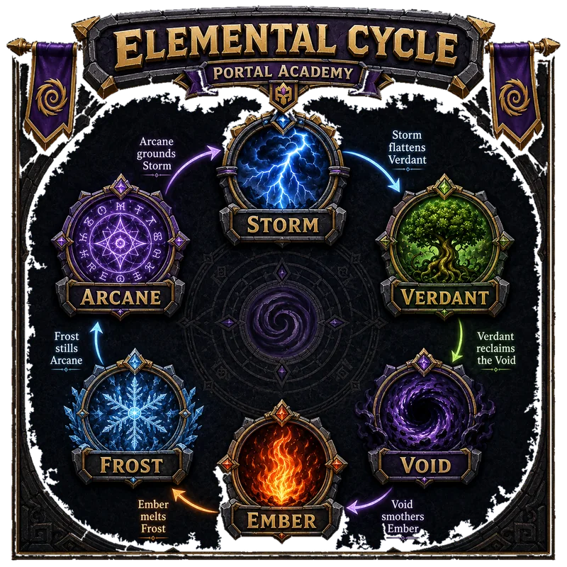 The Portal Academy elemental cycle. Storm flattens Verdant, Verdant reclaims the Void, Void smothers Ember, Ember melts Frost, Frost stills Arcane, and Arcane grounds Storm.